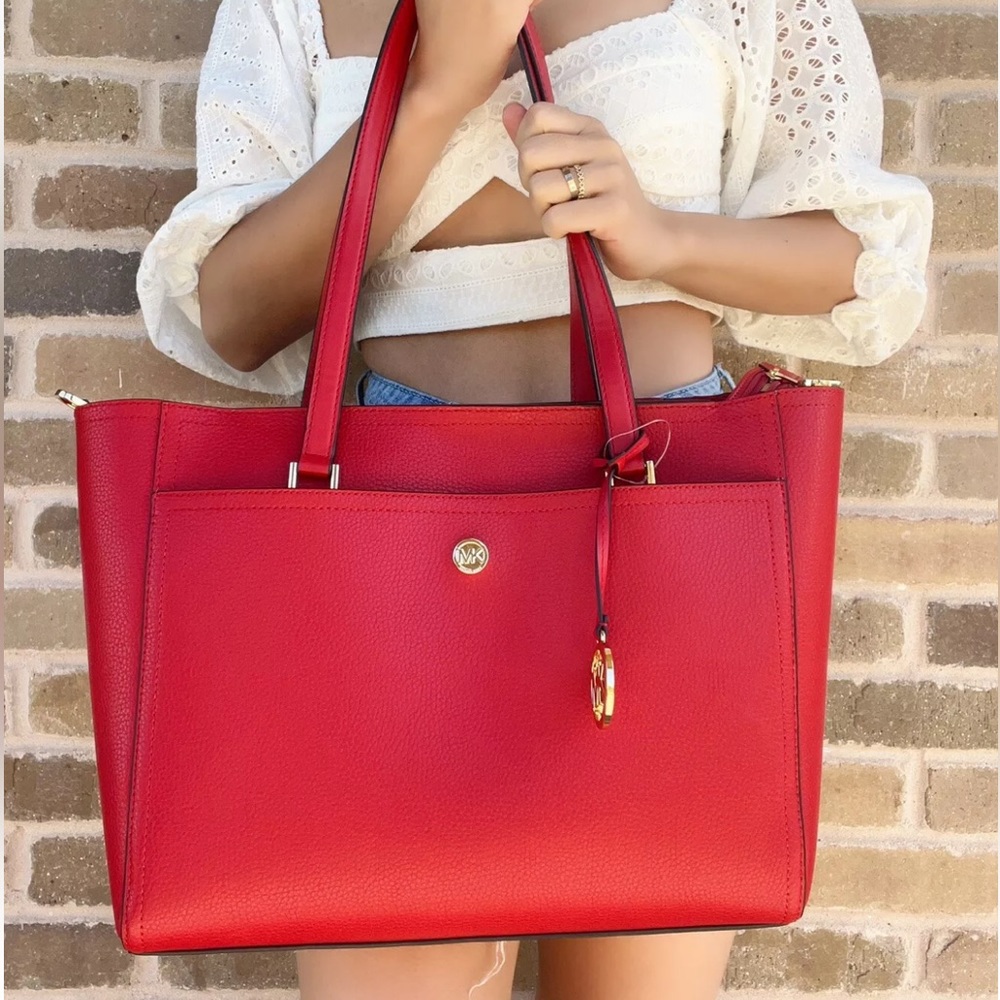 Michael Kors Maisie 3 in 1 Tote Large Leather Bag Flame Red - Picture 3 of 13